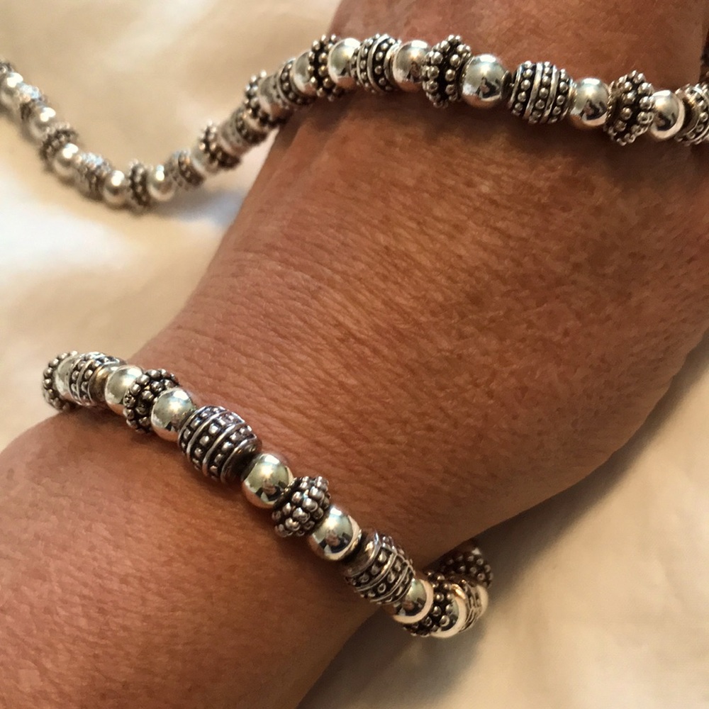 Silver beaded necklace and bracelet set